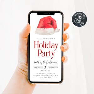 Electronic Santa Hat Holiday Party Invitation Template, Editable Modern Fun Christmas Party Digital Text Message Evite, Instant Download #C6