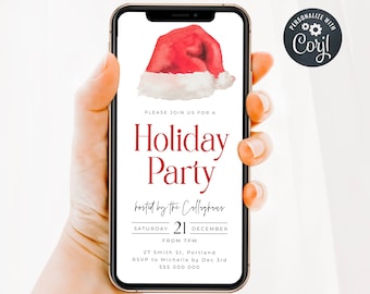 May include: A digital invitation for a holiday party hosted by the Collighres on Saturday, December 21st at 7pm. The invitation features a red Santa hat with white trim and the text "Please join us for a Holiday Party".