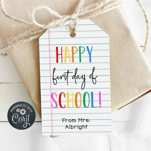 Back to School Gift Tag Template, Printable Rainbow First Day of School Favor Tag, Editable Teacher Classroom School Tag Instant Download