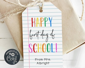 Back To School Gift Tag Template, Printable Rainbow First Day Of School Favor Tag, Editable Teacher Classroom 1st Day Tag, Instant Download
