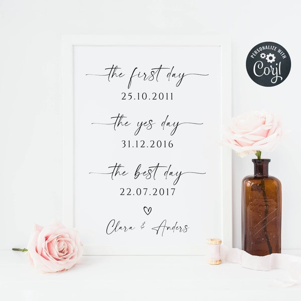 The First Day The Yes Day The Best Day Sign Template, Printable Minimalist Script Wedding Keepsake, Anniversary Gift, Instant Download, #MW2