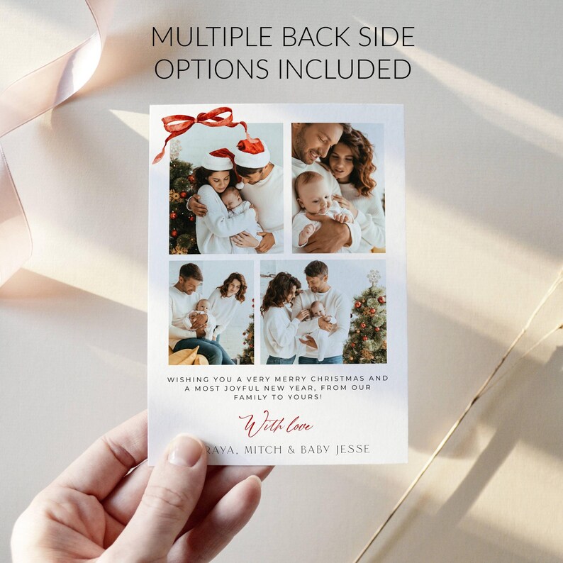 Red Bow Holiday Card Template, Printable Family Photo Christmas Card ...