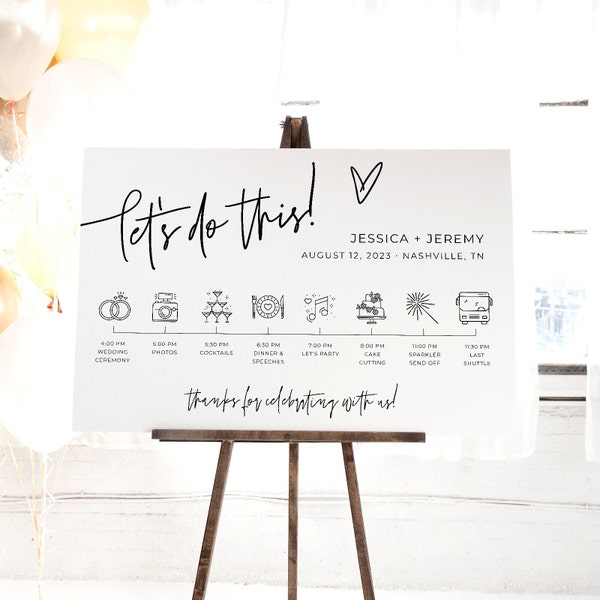 Modern Wedding Timeline Sign Template, Boho Heart Welcome Poster, Editable Order Of The Day, Minimalist Itinerary, Instant Download, #MW4