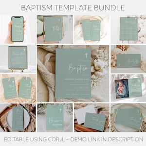 May include: A set of printable baptism templates in a sage green color scheme with white text. The templates include a welcome sign, a thank you tag, a table number, and a program. The text on the templates includes the words "Baptism", "Thank You", "Table", and "Program".