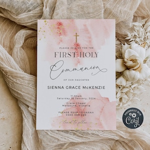 Editable Blush Pink & Gold First Holy Communion Invitation Template, Printable Girl Watercolor 1st Communion Invite, Instant Download, #PB