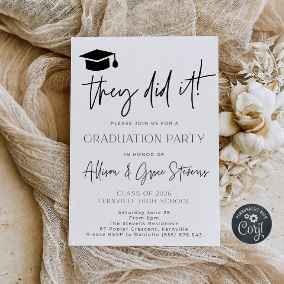 They Did It Graduation Party Invitation Template, Printable Double Graduate Announcement, Editable Modern Grad Invite, Instant Download