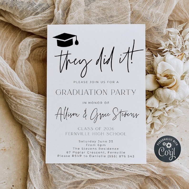 They Did It Graduation Party Invitation Template, Printable Double Graduate Announcement, Editable Modern Grad Invite, Digital Download image 1