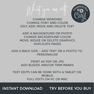 May include: A digital design template with text in white, including "What you can edit" and editing options. A circular logo with the text "Personalize with Corjl" is in the upper right corner. The bottom banner reads "Instant Download" and "Try Before You Buy."