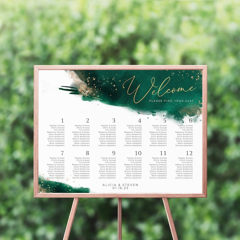 Emerald Watercolor Seating Chart Template Printable Hunter Etsy UK