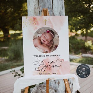 Blush Pink & Gold Baptism Photo Welcome Sign Template, Printable Watercolor Christening Poster, Editable Welcome Sign, Instant Download, #PB