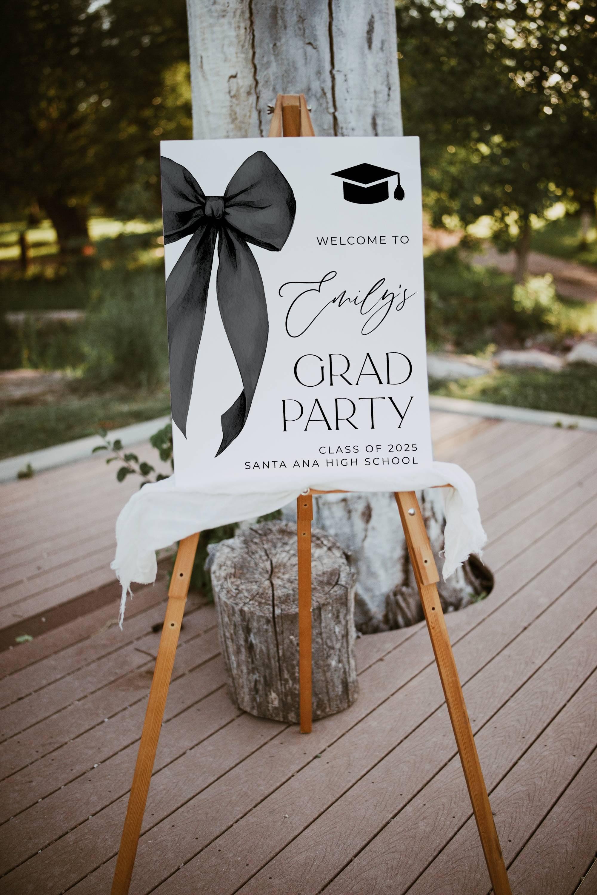 Grad Signs Inside Black Bow Graduation Party Welcome Sign Template, Printable Coquette ...