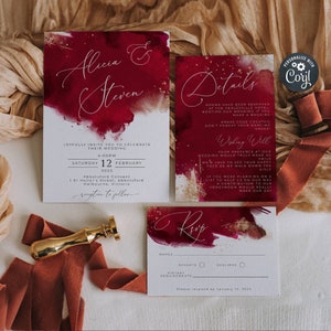Burgundy Watercolor Wedding Invitation Template, Printable Maroon & Gold Wedding Suite, Editable Modern Details, RSVP, Instant Download #WC2