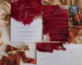 Plantilla de invitación de boda en acuarela color burdeos, conjunto de invitación de boda imprimible en granate y dorado, detalles modernos editables, confirmación de asistencia, descarga digital #WC2