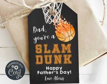 Father's Day Basketball Gift Tag Template, Printable Slam Dunk Fathers Day Tag, Personalized Editable Sports Tag for Dad, Instant Download