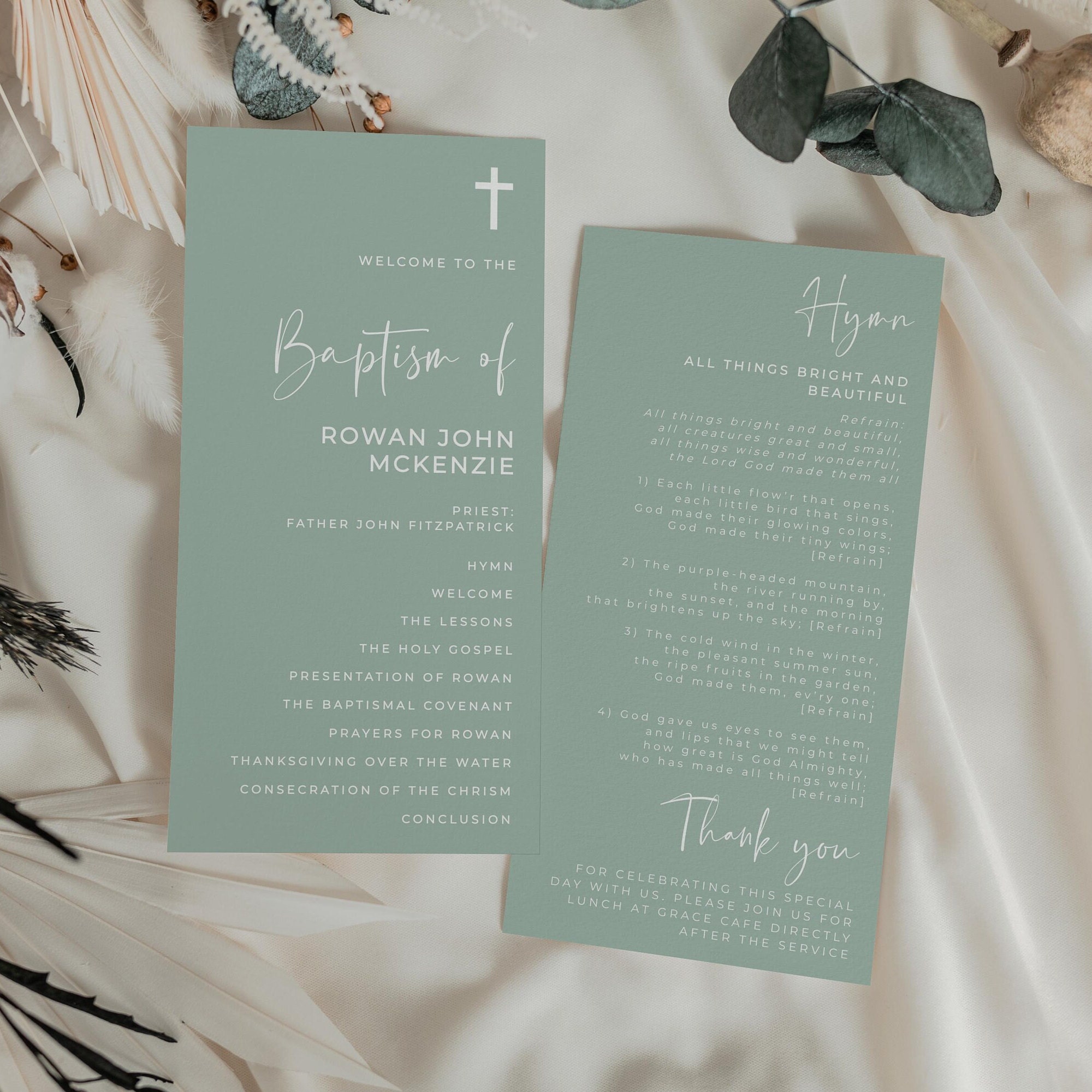 Sage Green Baptism Program Template, Printable Modern Christening ...