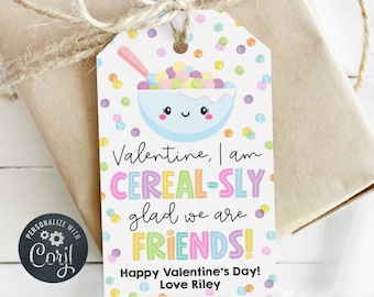 Cereal Valentine's Day Gift Tag Template, Printable Cereal-sly Glad We Are Friends Favor Tag, Editable School Class Tag, Digital Download