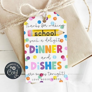 Modello di etichetta regalo "Cena e piatti offerti da noi", etichette stampabili per ringraziare gli insegnanti, etichetta modificabile per i pasti del personale scolastico, download immediato