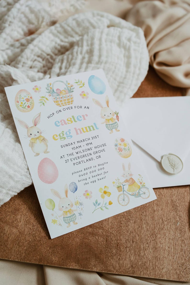 May include: An Easter egg hunt invitation with pastel illustrations of bunnies, eggs, and flowers. The invitation includes the event details: date, time, location, and RSVP information. A white envelope with a wax seal is also present.