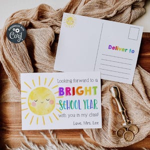 Back To School Postcard From Teacher Template, Printable Bright School Year Tag, Editable First Day Of School Student Card, Instant Download