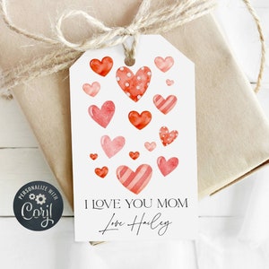 Modèle d'étiquette cadeau fête des mères coeurs aquarelle, étiquette cadeau fête des mères imprimable, étiquette cadeau modifiable je t'aime maman, téléchargement immédiat