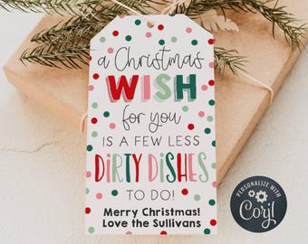 Paper Plate Christmas Gift Tag Template, Printable Less Dishes To Do Favor Tags, Editable Holiday Teacher Tag, Digital Download