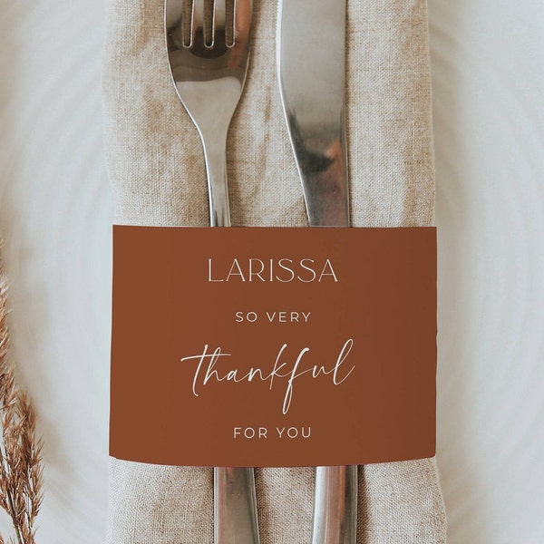 Terracotta Thanksgiving Napkin Wrap Template, Printable Modern Friendsgiving Place Card, Editable Dinner Name Wraps, Instant Download, #T1