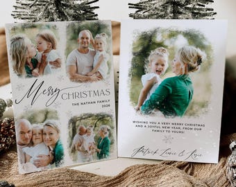 May include: Two rectangular white Christmas cards featuring multiple family photographs. The left card displays four photos with the text Merry Christmas, The Nathan Family 2026. The right card shows one photo with the text Wishing you a very merry Christmas and a joyful new year, from our family to yours! and the names Patrick, Leonie & Rosie.