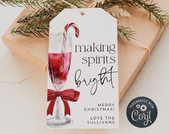 Making Spirits Bright Christmas Gift Tag-sjabloon, afdrukbare vakantiealcohol gunsttag, bewerkbare cocktailcadeautag, digitale download, #C4