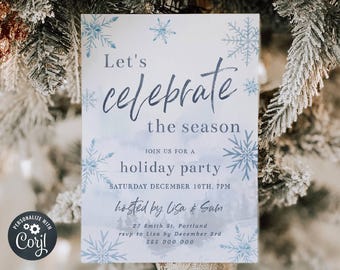 Winter Holiday Party Invitation Template, Printable Snowflakes Christmas Invite, Editable Let's Celebrate The Season, Digital Download