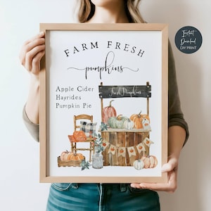 Farm Fresh Pumpkins Printable Wall Art, Fall Pumpkin Harvest Decor, Watercolor Autumn Print, Fall Farmhouse Sign, Instant Download