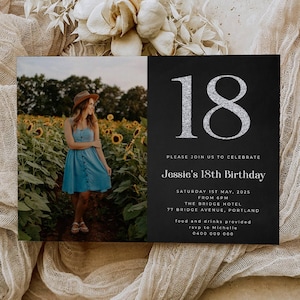 18th Birthday Photo Invitation Template, Printable Silver Glitter Eighteen Invite, Editable Any Age Birthday Invite, Instant Download