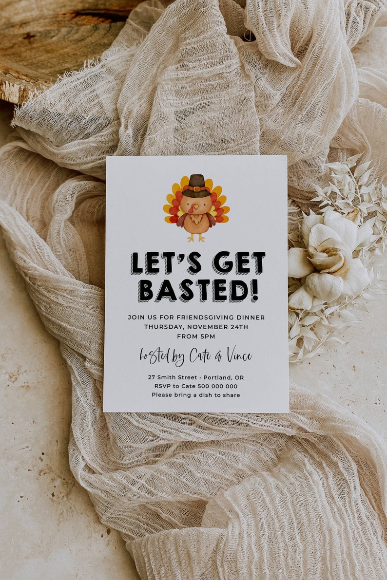 Let's Get Basted Friendsgiving Invitation Template, Printable Turkey Thanksgiving Dinner Invite, Editable Potluck Invite, Instant Download image 4