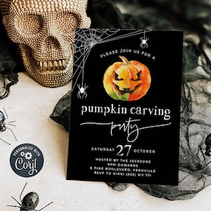 Pumpkin Carving Party Invitation Template, Printable Halloween Party Invite, Editable Spooky Jack-O-Lantern Invitation, Instant Download