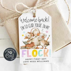 May include: A gift tag with a watercolor illustration of three ducks wearing glasses and headphones. The tag reads "Welcome back! I'm so glad you're in my flock! Happy first day! Love Miss Williams."