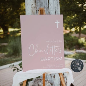 Blush Pink Baptism Welcome Sign Template, Printable Modern Minimal Christening Sign, Editable Religious Welcome Board, Instant Download, #BP