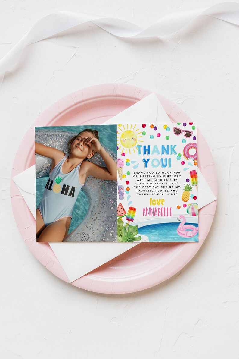 Pool Party Birthday Photo Thank You Card Template Printable - Etsy