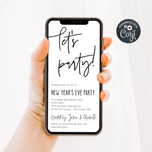 Electronic Minimalist New Year Invitation Template, Editable Modern Let&#39;s Party NYE Holiday Text Message Invite, Instant Download