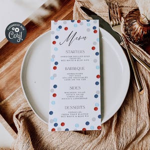 Modello di menu minimale per il 4 luglio, menu stampabile elegante per il 4 luglio con coriandoli, menu modificabile per la cena americana, download immediato, #J5