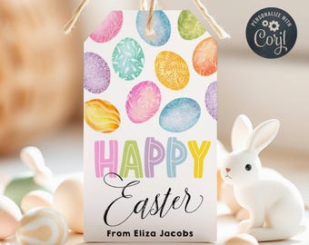 Happy Easter Gift Tag Template, Printable Easter Eggs Favor Tags, Editable Pastel Easter Basket Rainbow Eggs Tag, Digital Download, #E1