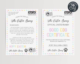 May include: A printable Easter certificate with a pastel rainbow border. The certificate reads "Good Egg Certificate" and is addressed to "Rory Sullivan-Jones". The text "From the desk of The Easter Bunny" is at the top of the certificate.