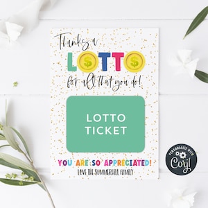 Lotto Geschenkkartenhalter-Vorlage, druckbare Lotterielos-Anerkennung für Gunstanhänger, bearbeitbare Personallehrer-Danksagung, sofortiger Download, #LO