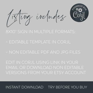 Puede incluir: Gr&aacute;fico gris claro con el texto "Listing includes" en cursiva. El texto de abajo enumera el tama&ntilde;o del letrero como 20x25 cm, plantillas editables en Corjl y archivos PDF y JPG no editables. La imagen tambi&eacute;n incluye el texto "Descarga instant&aacute;nea" y "Prueba antes de comprar".