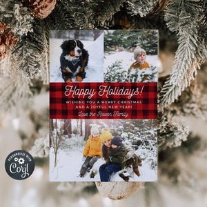 Modèle de carte de vœux Buffalo à carreaux, carte de Noël imprimable avec photo de famille, carte de vœux minimale rustique modifiable à carreaux, téléchargement immédiat