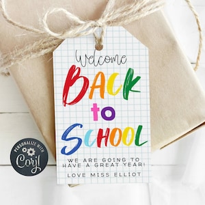 Welkom terug op school cadeaulabelsjabloon, afdrukbare eerste dag van schoolklasse gunsten, bewerkbare Rainbow 1e dag student tag, Instant Download