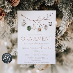 May include: A white invitation card with a watercolor illustration of a branch with Christmas ornaments. The text reads "You're invited to an Ornament exchange, Saturday December 10th from 3pm, hosted by The Thorpe Family, 27 Smith St, Portland, RSVP to Lisa by December 3rd, 555 000 000, Please bring an ornament to swap."