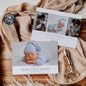 Modèle de faire-part de naissance nouveau-né, carte de faire-part de naissance imprimable, coeurs simples modifiables Photo bébé merci, téléchargement immédiat