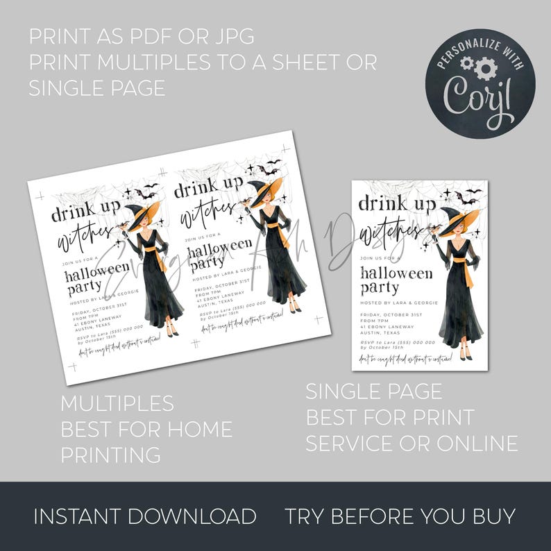 Drink Up Witches Halloween Invitation Template, Printable Costume Party Invite, Editable Cocktail Bats Witch Invite, Digital Download image 7