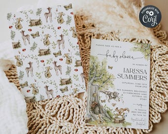 May include: A baby shower invitation with a woodland theme. The invitation features a watercolor illustration of a forest scene with a tree, animals, and butterflies. The text on the invitation reads "Please join us for a baby shower in honor of Larissa Summers." The invitation also includes the date, time, and location of the shower.