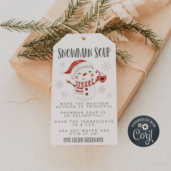 Snowman Soup Christmas Gift Tag Template, Printable Holiday Favor Tag, Editable Snowman Hot Chocolate Instructions, Instant Download