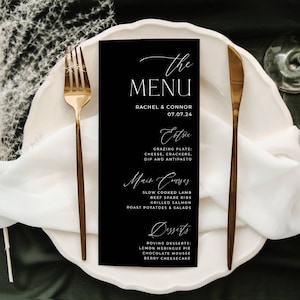 Klassieke zwarte bruiloft menusjabloon, afdrukbaar modern elegant zwart-wit tafelmenu, bewerkbaar minimalistisch dinermenu, direct downloaden, #BW